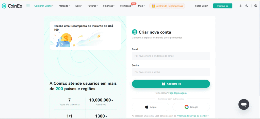 Página de login Código de Referência da CoinEx